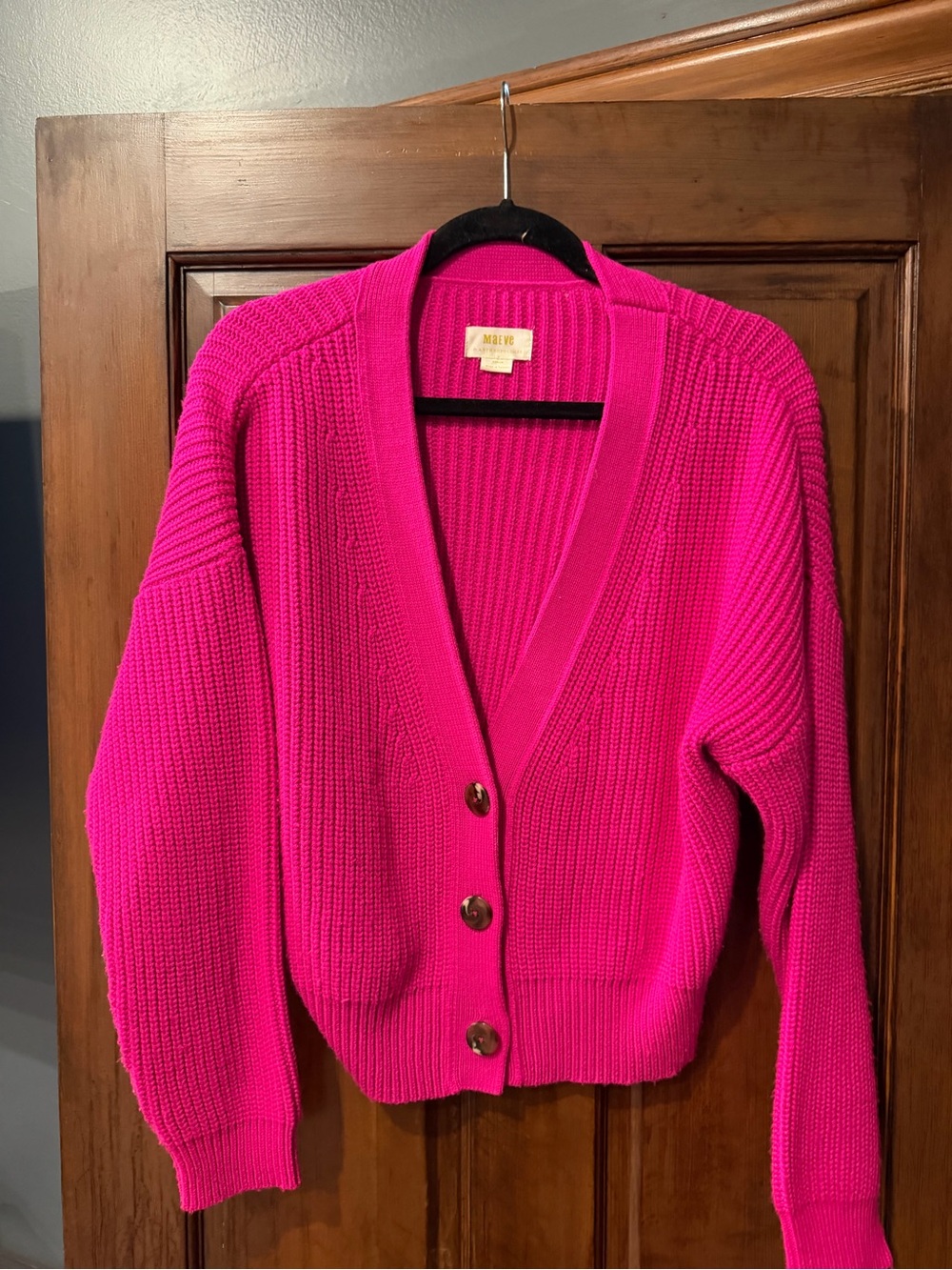 Anthropologie Fuchsia Ribbed V-Neck Button Cardigan Sweater